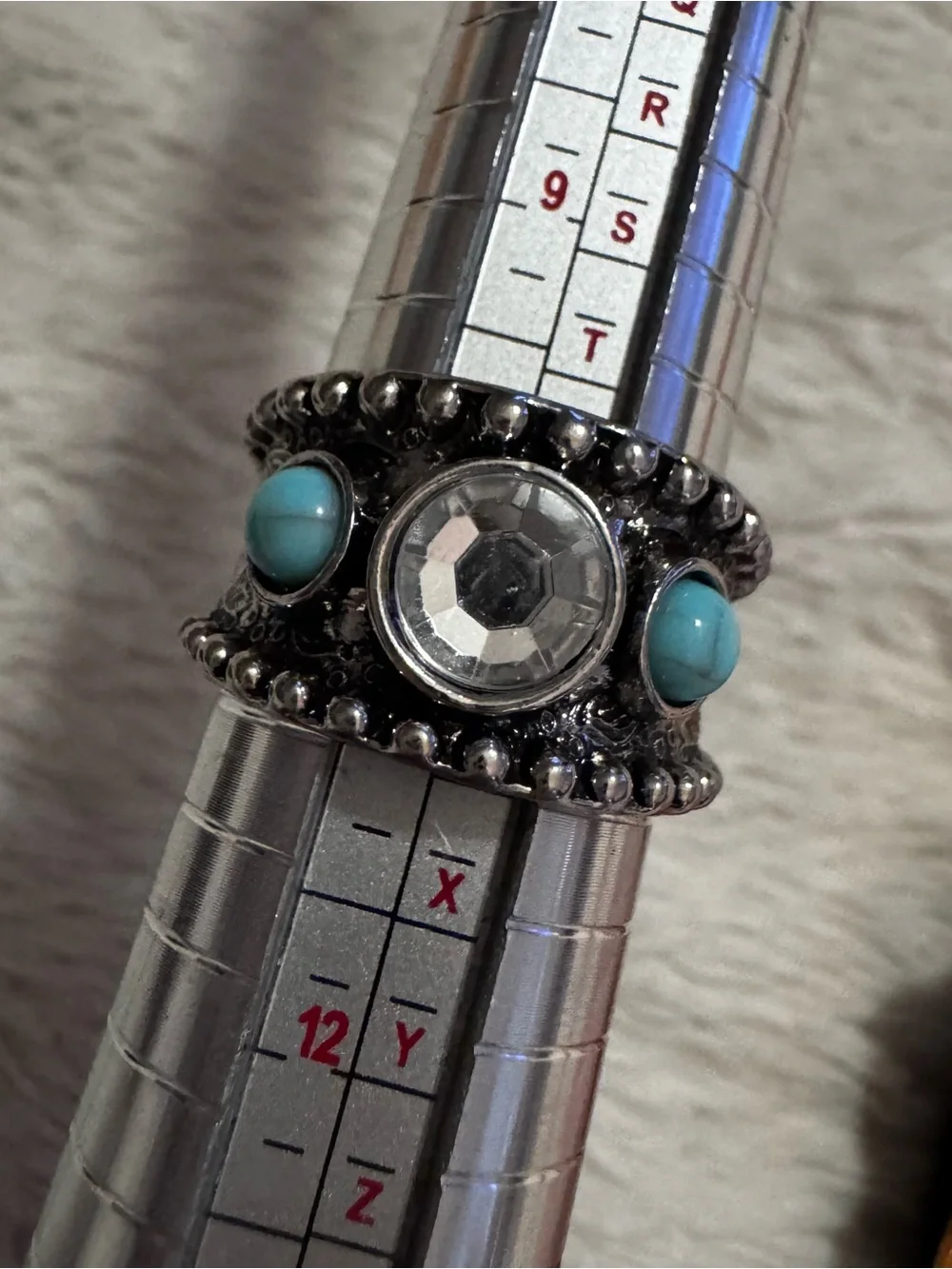 Boho Statement Ring Silver Tone Clear Crystal Turquoise Cabochons Sz 10.5 Unisex